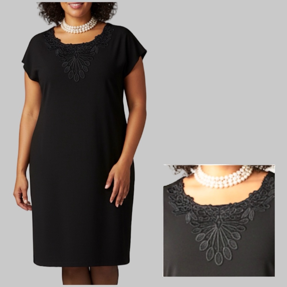 SIGNATURE COLLECTION Black Cap Sleeve Midi Dress with Appliqué on Chest size 2X